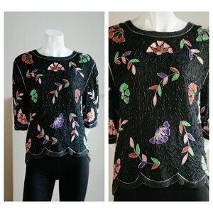 Vintage Tricoville Black Beaded Colourful Floral Short Sleeve Sequin Top M